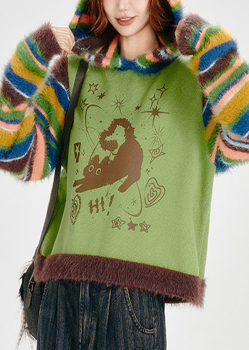 Grass Green Hooded Patchwork Striped Knit Sweatshirt Winter