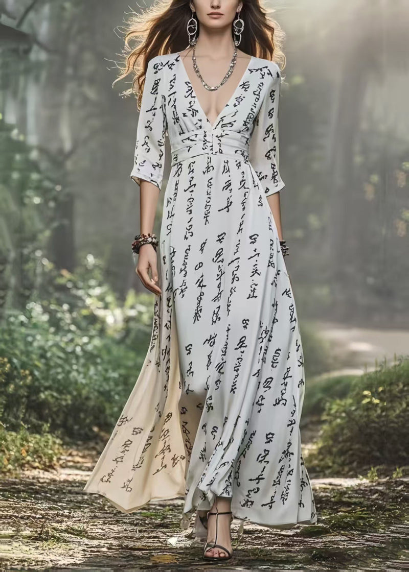 White V Neck Print Chiffon Dress Bracelet Sleeve