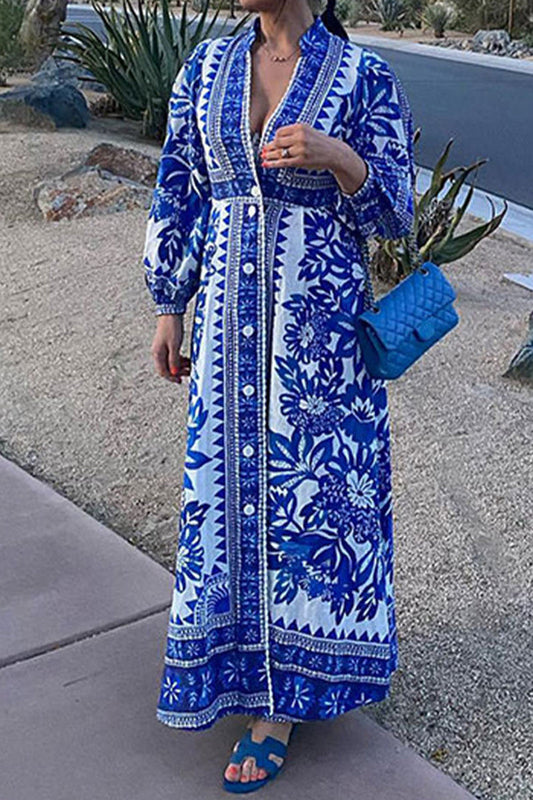 Vacation Print Buckle V Neck Long Sleeve Dresses