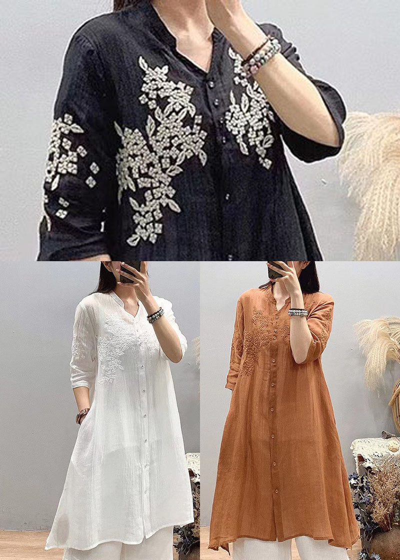 Fitted White Stand Collar Embroidered Linen Long Shirts Three Quarter Sleeve