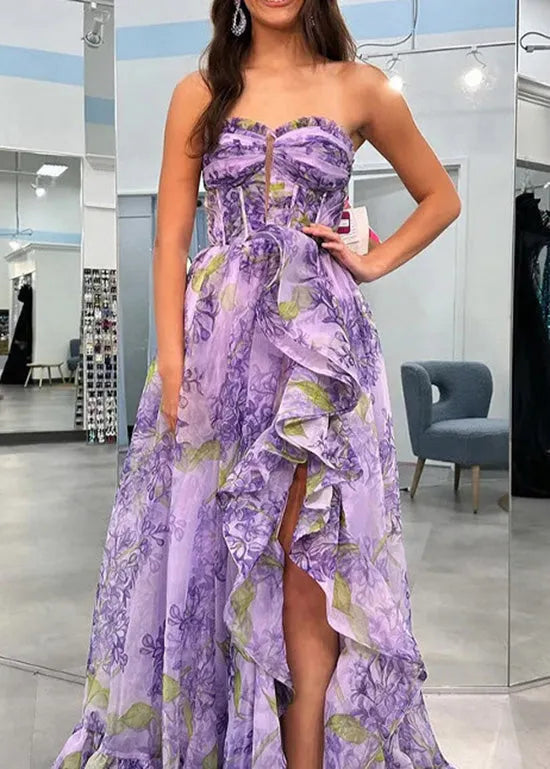 Art Purple Ruffled Asymmetrical Print Chiffon Dress Summer