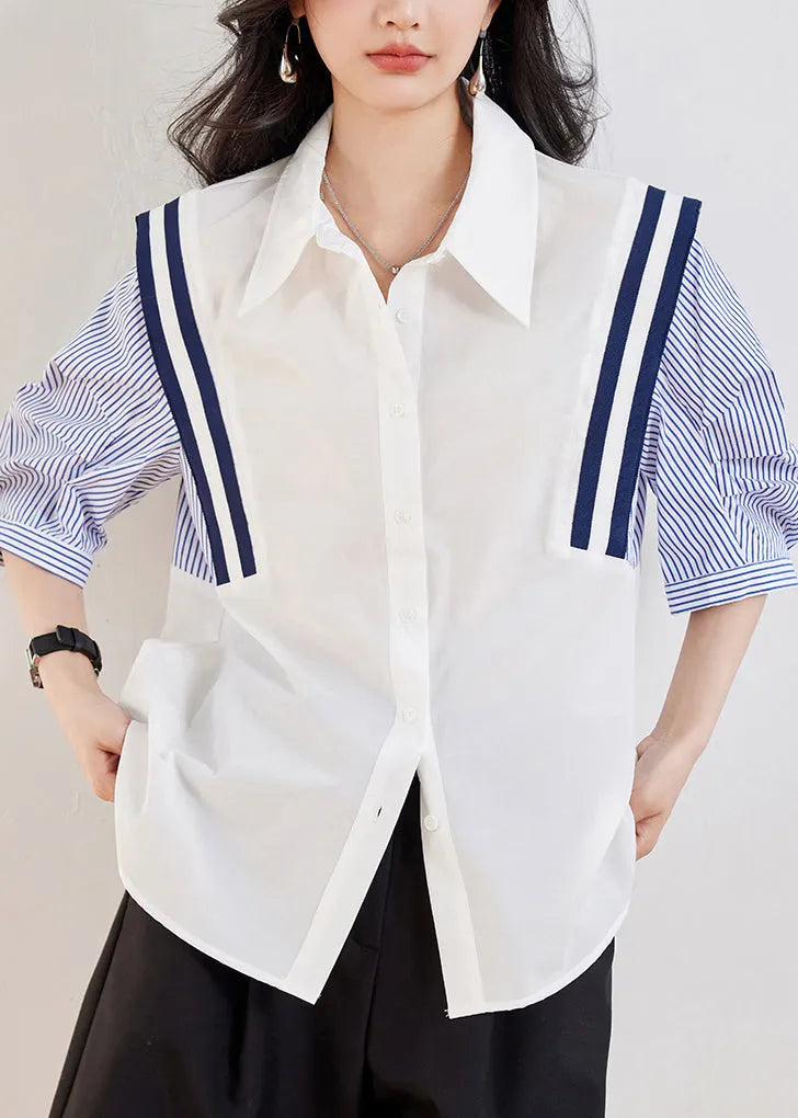 White Peter Pan Collar Striped Patchwork Top Half Sleeve