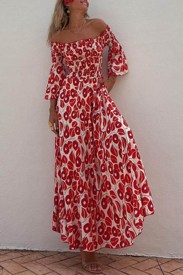Close to the Vacation Print Smocked Off Shoulder Pocketed Maxi Dress
