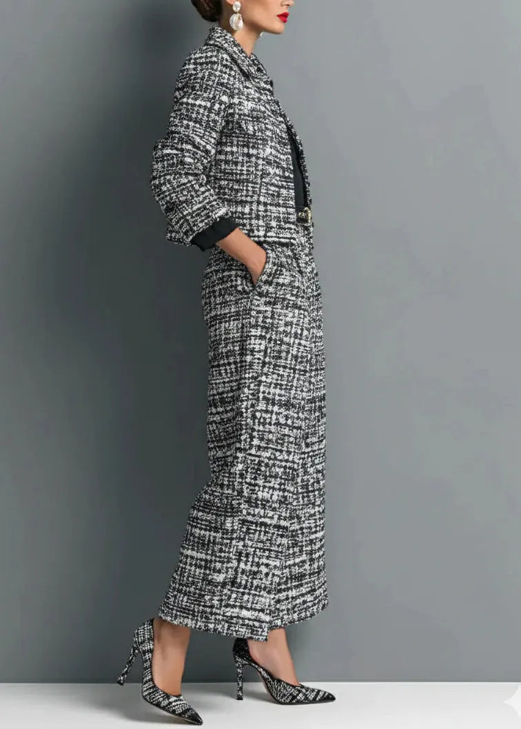 French Black Coat and Pants Cotton Two Pieces Set Fall