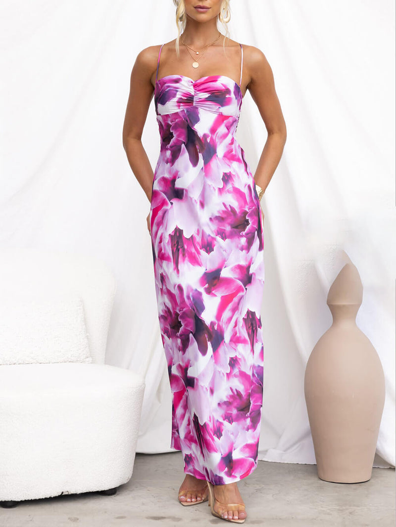 Ruched Bust Print Slip Maxi Dress