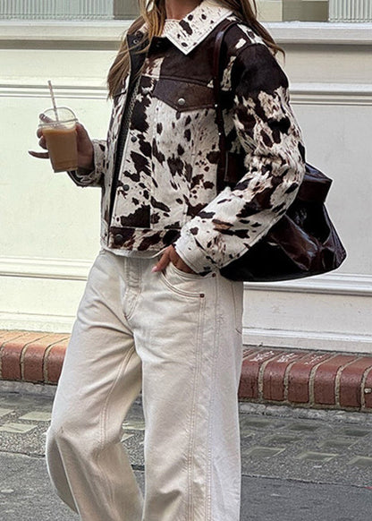 Peter Pan Collar Pockets Print Woolen Short Coat Fall