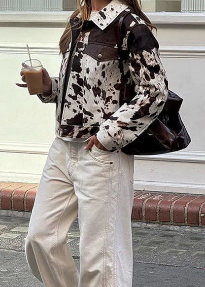 Peter Pan Collar Pockets Print Woolen Short Coat Fall