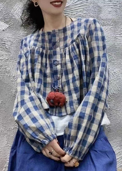 Blue O Neck Plaid Cotton Shirt Top Long Sleeve