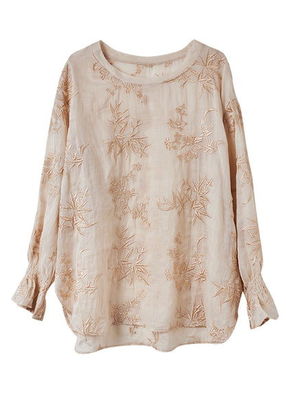 Stylish Apricot Embroidered Ramie Top Flare Sleeve