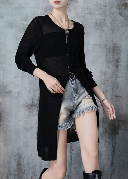 Style Black O-neck Side Open Knit Long Shirt Fall