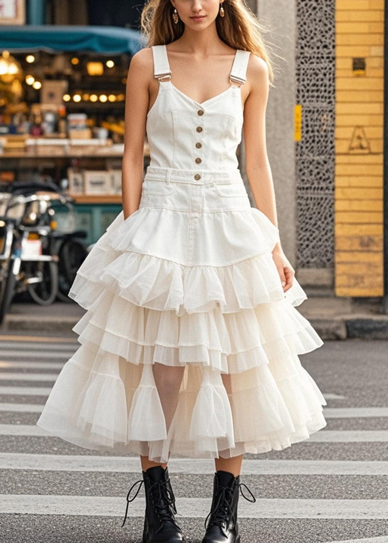 White Layered Tulle Patchwork Denim Dress Summer