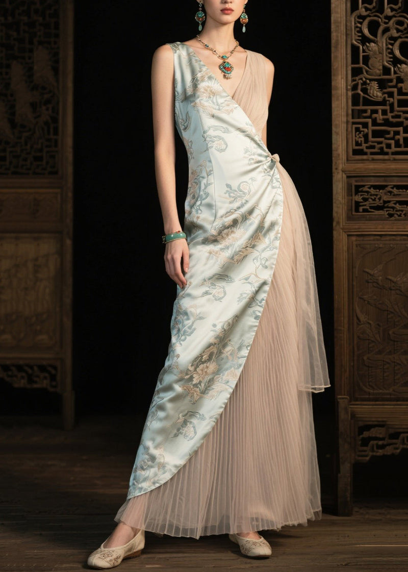 Light Green Asymmetrical Patchwork Silk Pleated Dresses Summer