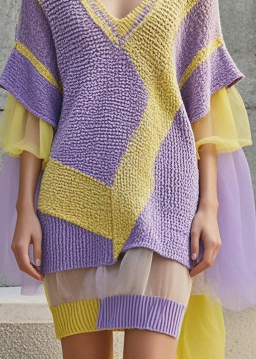 Purple V Neck Patchwork Tulle Sweater Dress Fall