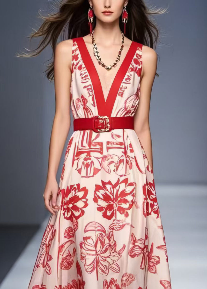 Modern Red V Neck Print Silk Tunic Dress Summer