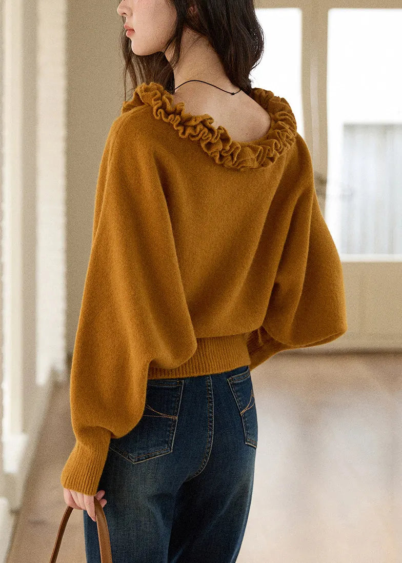 Yellowish Brown Ruffled Knit Sweaters Winter
