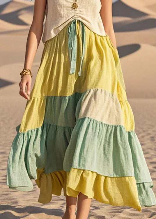 Colorblock Cinched Patchwork Cotton Dresses Summer