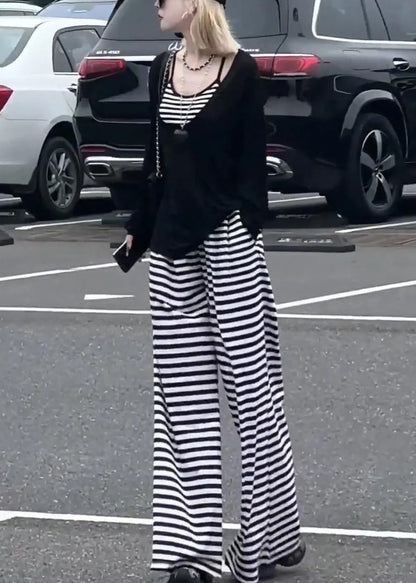 Striped Black Tops and Wide Leg Pants Cotton Three-piece Set Fall