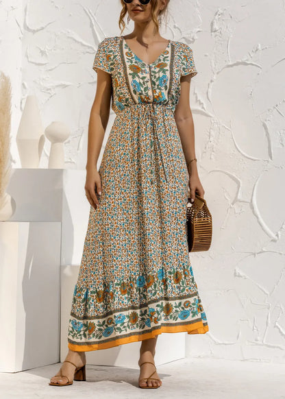 Blue V Neck Print Drawstring Cotton Long Dress Summer