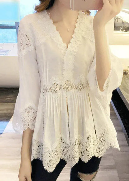 White V-neck Ruffles Hollow Out Shirts Spring