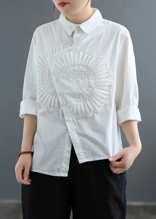 White Asymmetrical Patchwork Lace Blouses Spring