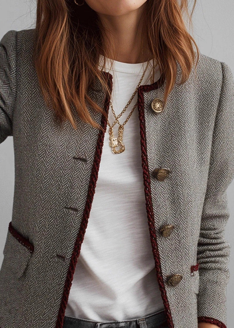 Grey O Neck Button Cotton Short Coat Fall