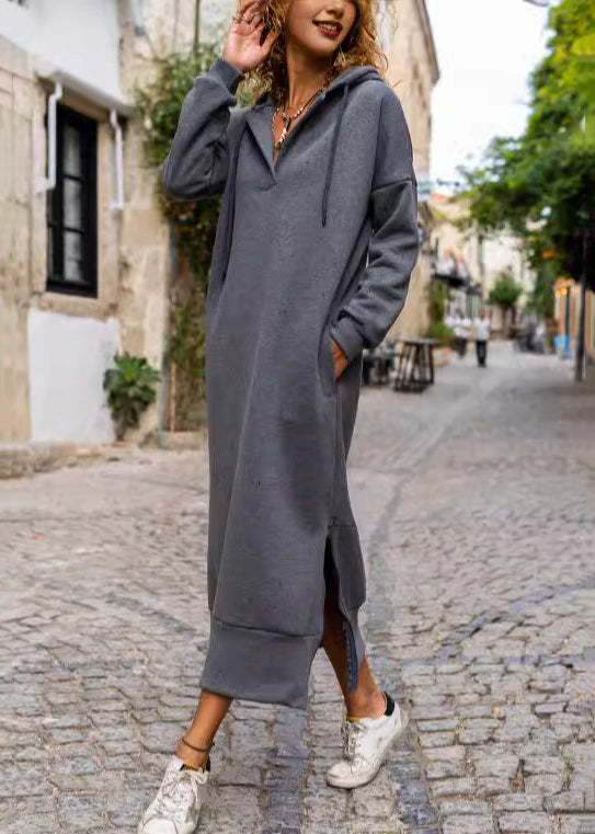 Italian Grey Hooded Side Open Warm Fleece Long Dress Fall