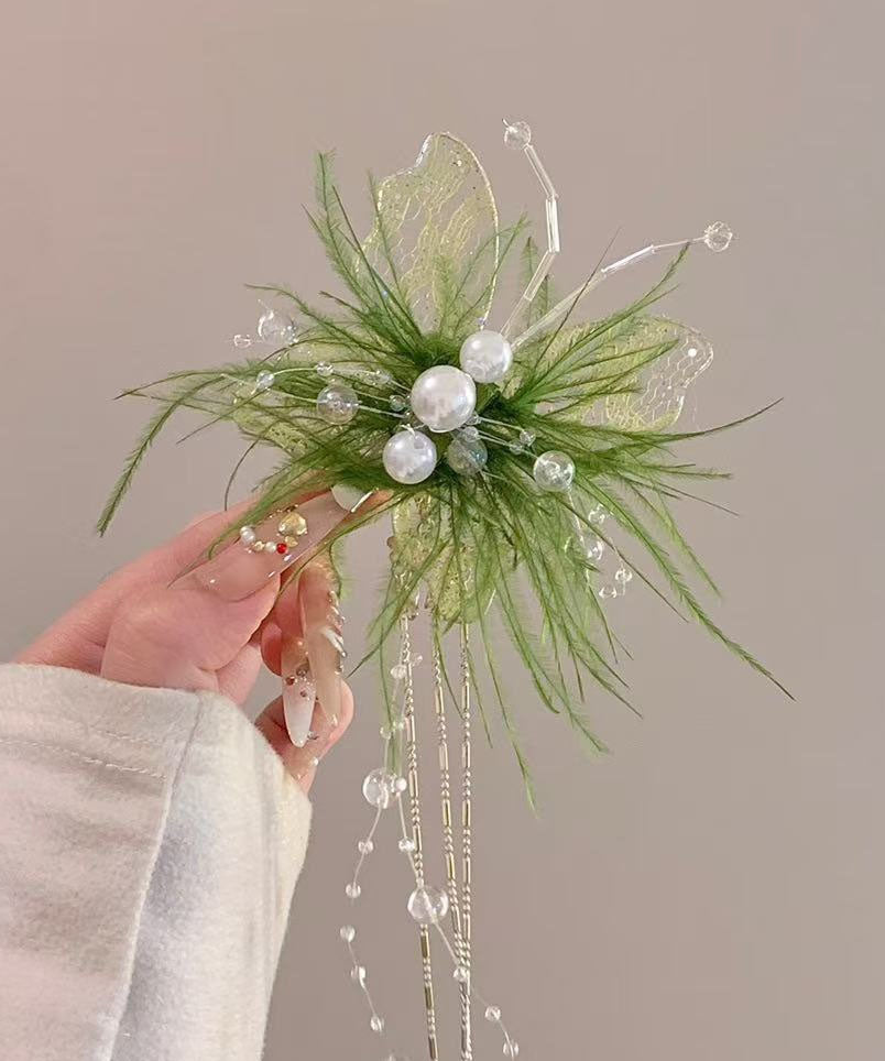Green Lace Feather Butterfly Pearl Tassel Hairpin