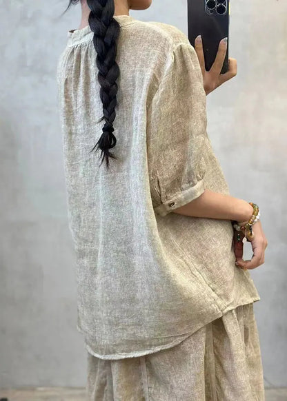 Loose Apricot Stand Collar Button Cotton Top Summer