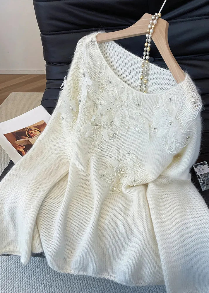 Loose White Nail Bead Knit Sweaters Fall