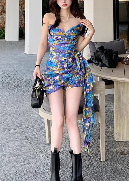 Blue Printed Bow Ribbon Party Dress Sleeveless