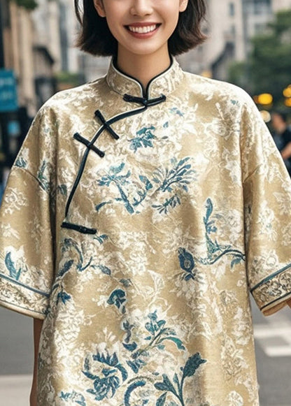 Khaki Print Chinese Style Mini Dresses Half Sleeve