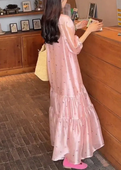 Fine Pink O-neck Print Silk Long Dress Bracelet Sleeve