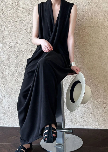 Unique Black V Neck Pockets Cotton Maxi Dresses Sleeveless