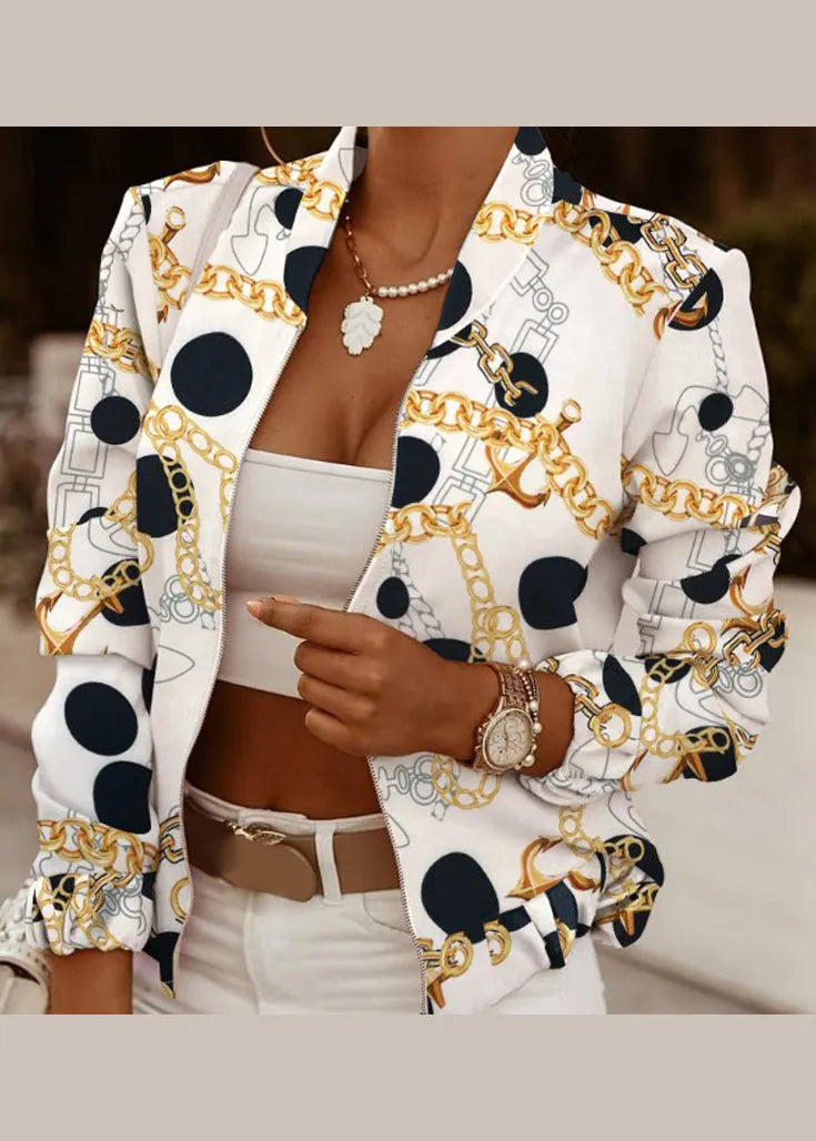 Red Zip Up Print Short Coat Long Sleeve