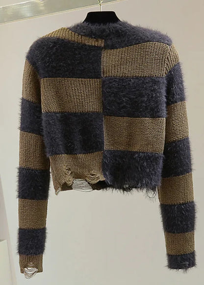 Unique Coffee O-neck Striped Hole Ma Hai Mao Cotton Knit Sweater Winter