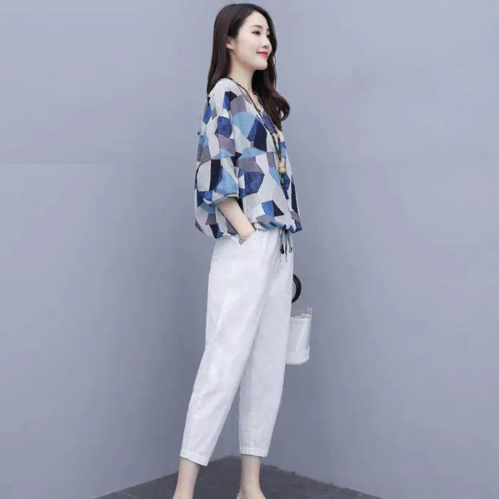 Vogue Blue Print Tops and Crop Pants Summer