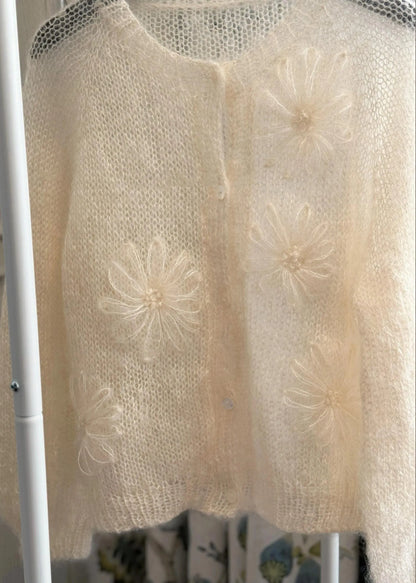 New Beige O Neck Mohair Knitted Cardigans Fall
