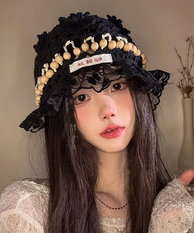 Stylish Mulberry Hollow Out Lace Patchwork Knit Bucket Hat