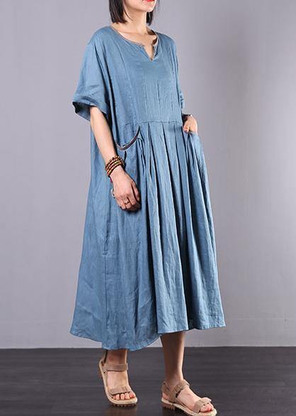 French Blue Linen Clothes for Big Hem a Line Summer Dress