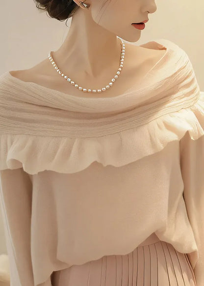 Apricot Slash Neck Ruffled Patchwork Knit Sweaters Spring