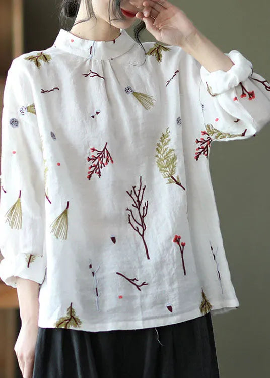 White Linen Stand Collar Shirt Top Long Sleeve