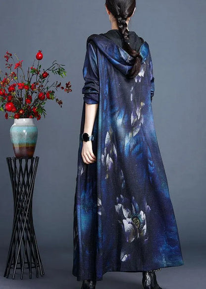 Italian Blue Hooded Print Fall Cardigan Long Sleeve