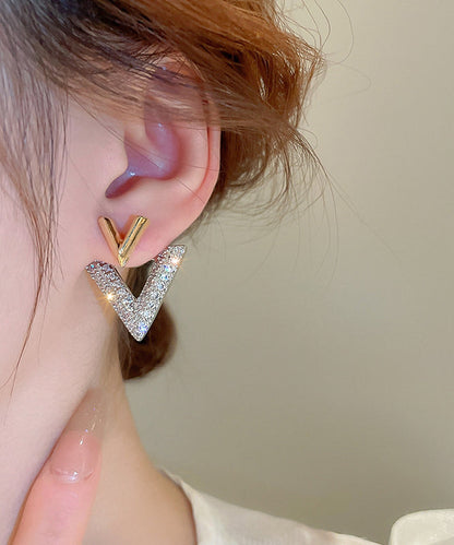 White Copper Zircon Graphic V Shape Stud Earrings
