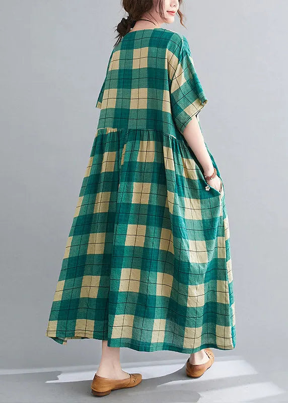 Loose Green Plaid Wrinkled Patchwork Long Dresses Summer
