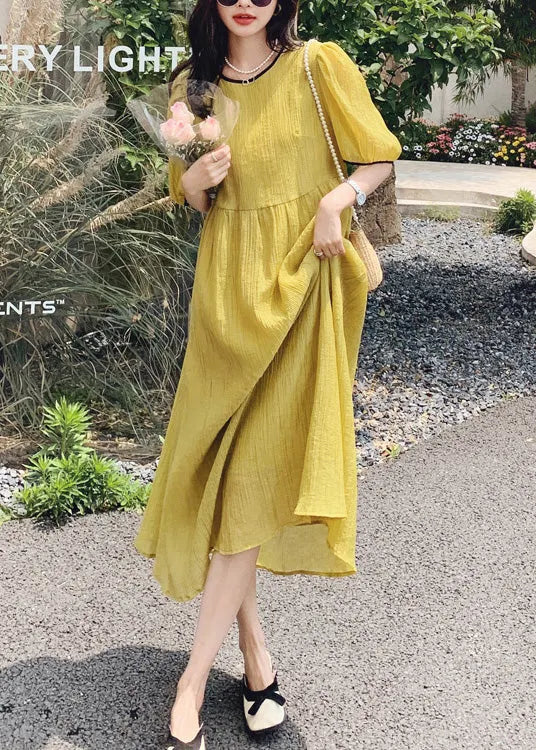 Yellow O Neck Patchwork Cotton Dress Summer