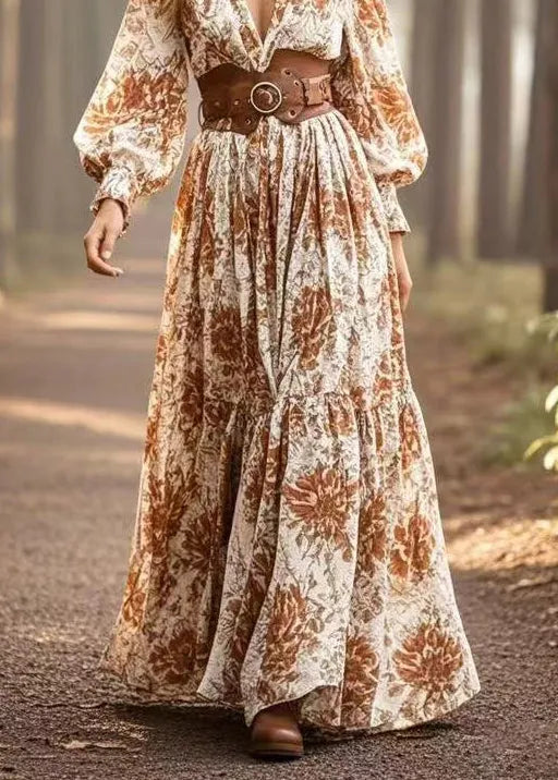 Khaki Cinched Print Cotton Maxi Dresses Spring