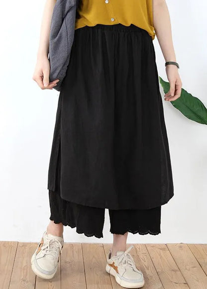 Black Lace Linen Pants Skirt Elastic Waist Summer