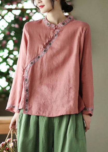 Watermelon Red Embroidered Linen Shirt Long Sleeve