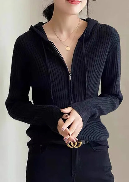 Loose White Zippered Patchwork Striped Wool Knit Hooded Cardigans Fall