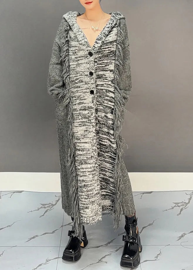 Dark Grey Patchwork Tassel Cotton Knit Hooded Cardigans Winter